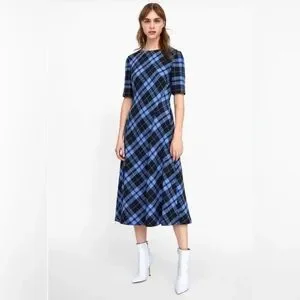 blue checkered dress zara Zara Blue and White Plaid Mini Dress Size XS  Threndzs